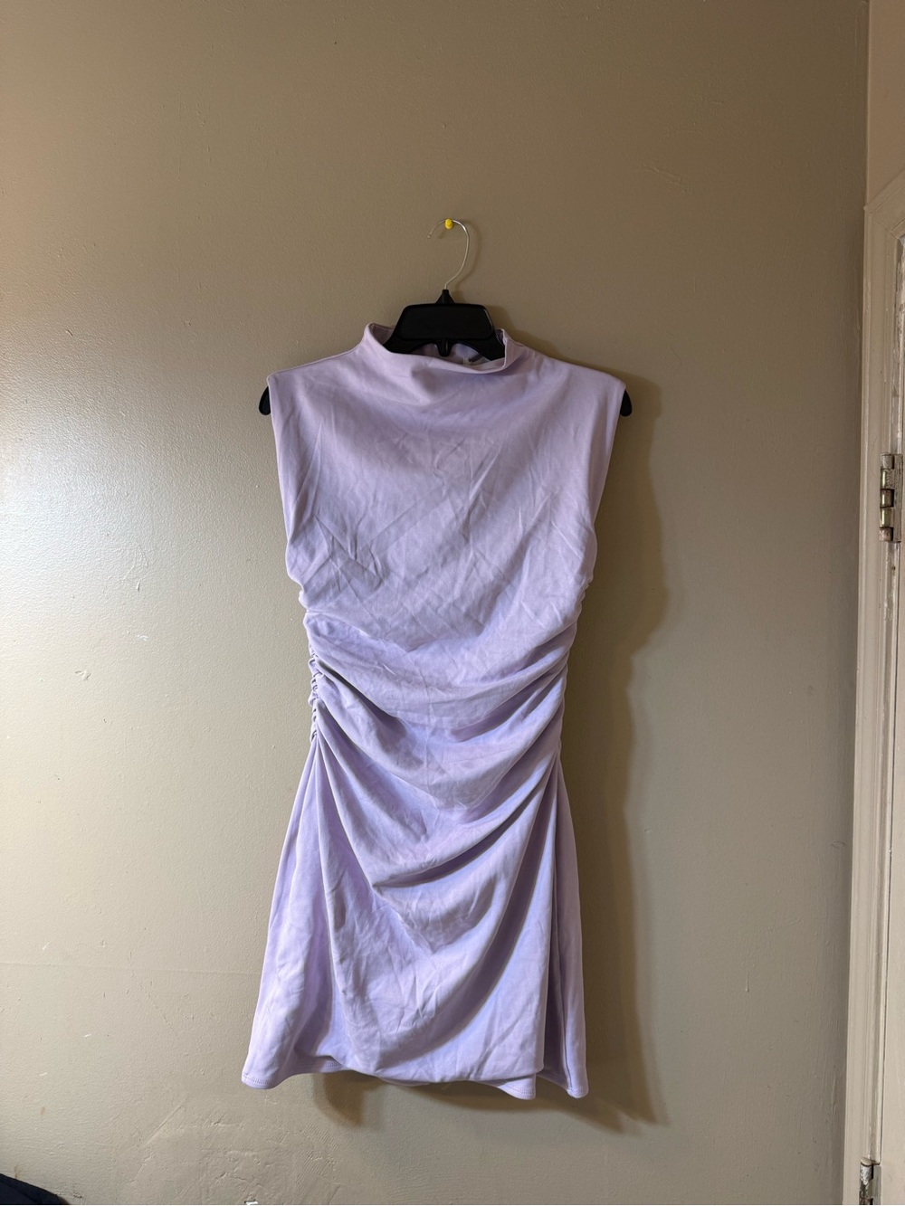 Meshki Lavender Mock Neck Ruched Mini Dress